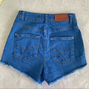 𝅺Bluesteel denim HIGH WAIST denim Jean shorts size 24 BLUE raw hem STRETCHY NEW